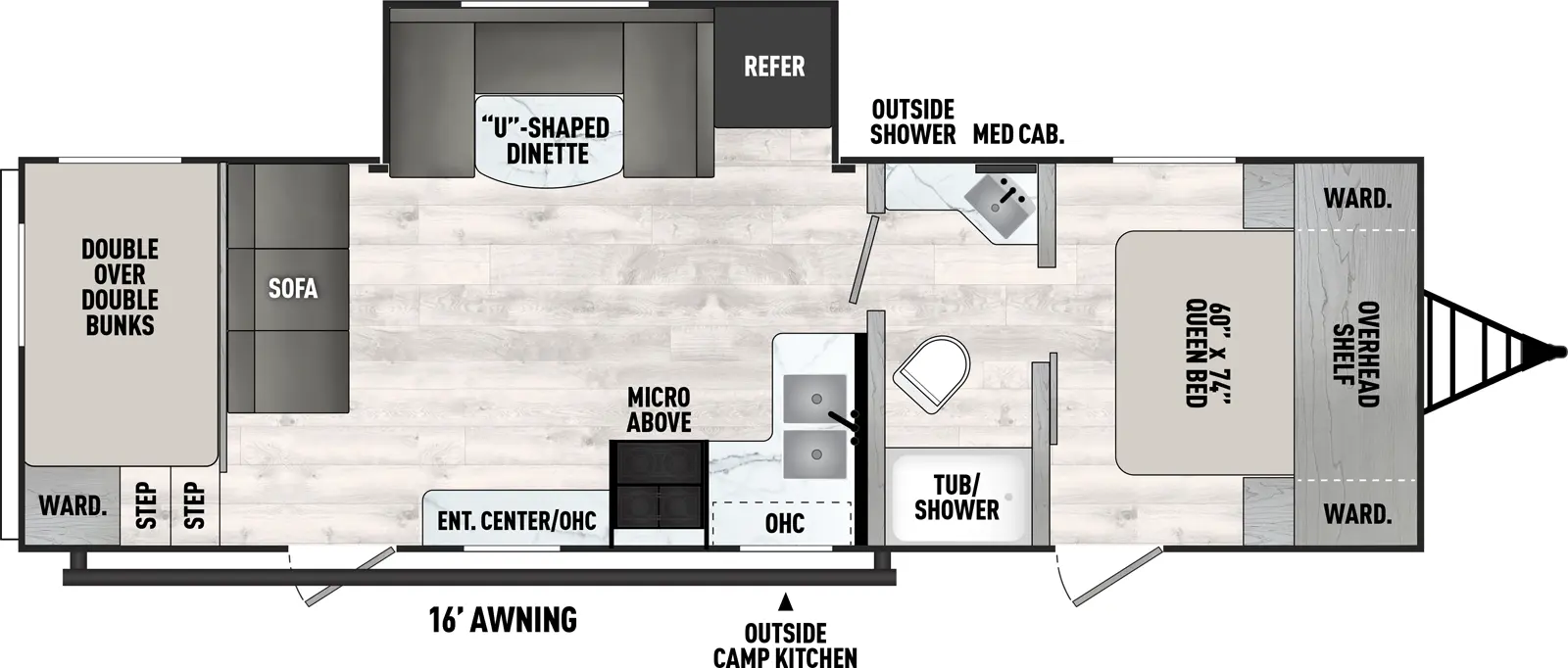 The Clipper Travel Trailers 262BHS has two entries and one slide out. Exterior features include: metal exterior, 16' awning and outside kitchen. Interiors features include: bunk beds, u-dinette, front bedroom and pass through bathroom.